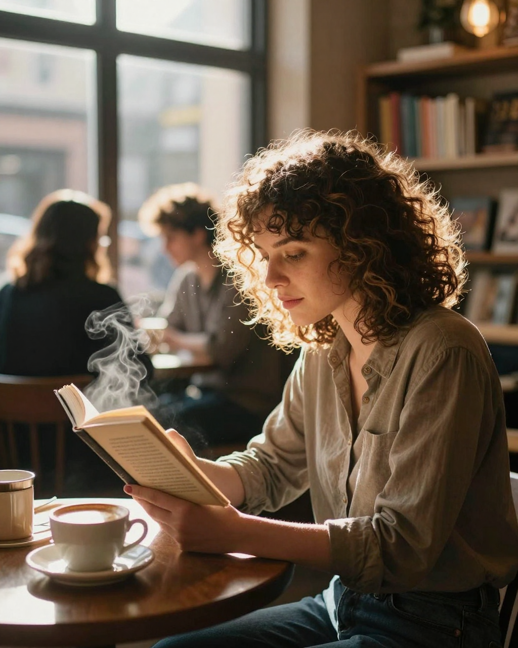 Woman reading a book in a coffee shop